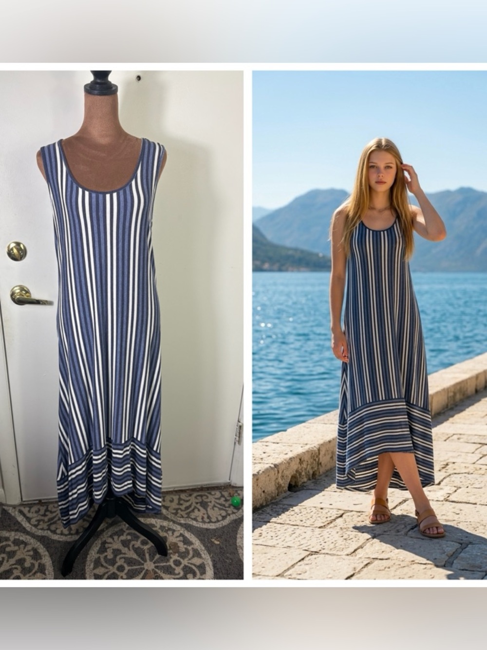 Sunday Women Sz S  Navy/White Striped Hi Lo shift sleeveless pullover Dress